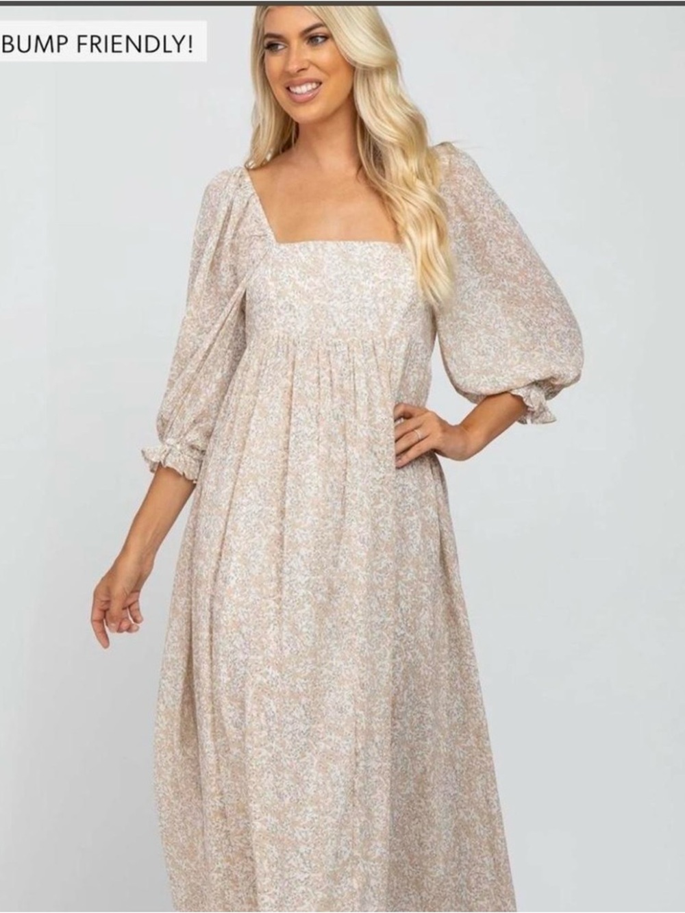 Pinkblush Beige Floral Puff-Sleeve Maxi Dress